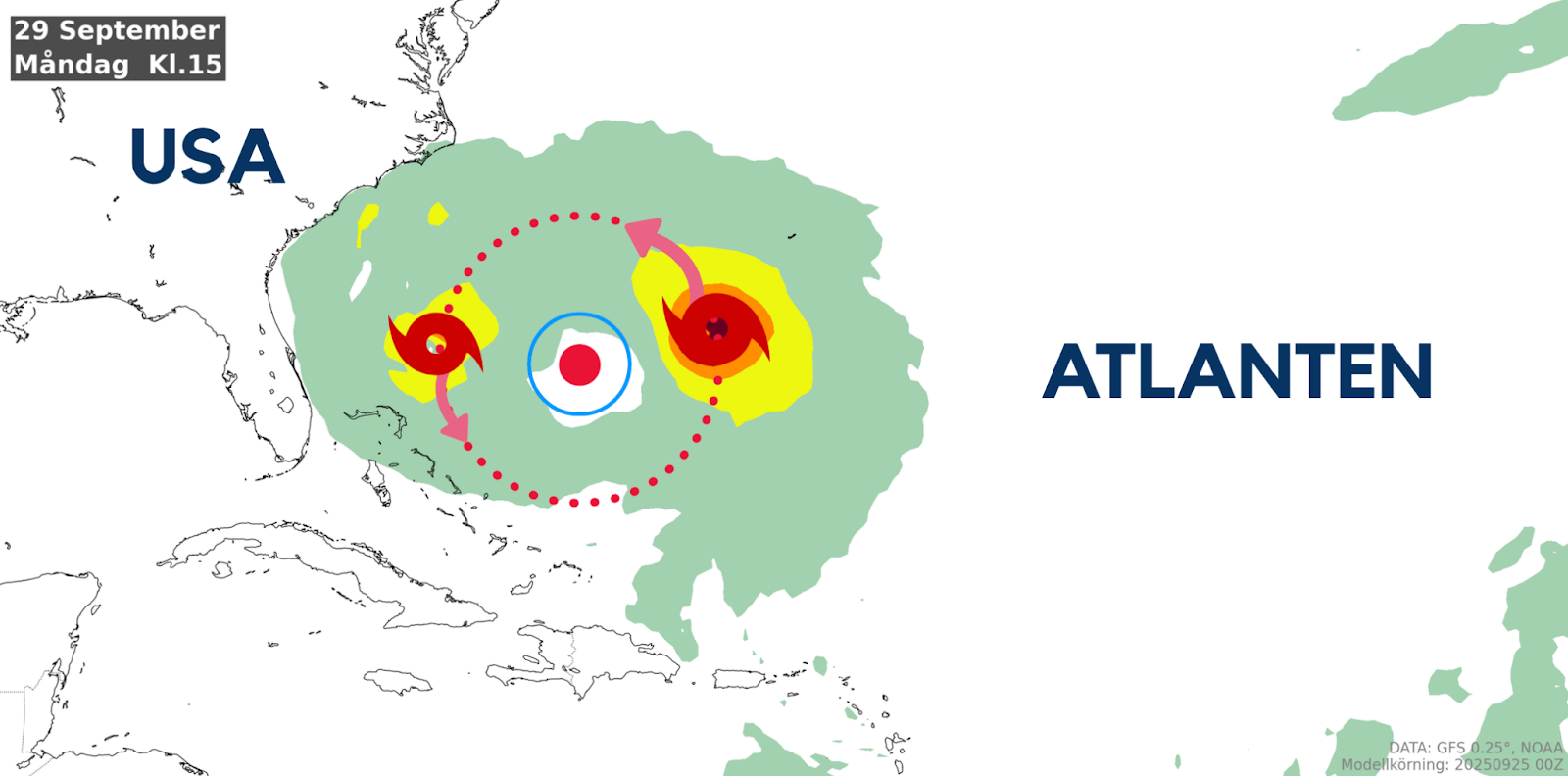 Illustration av två tropiska oväder i Atlanten.