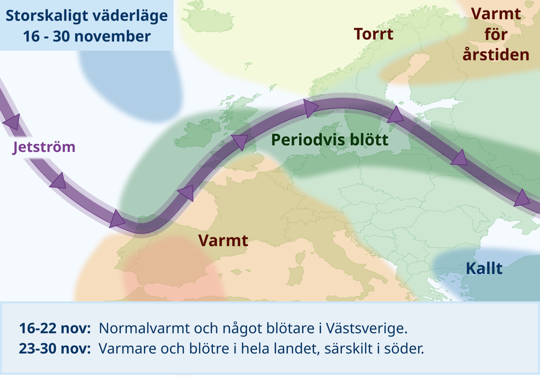 Illustration av storskaligt väderläge i Europa för den avslutande perioden av månaden.