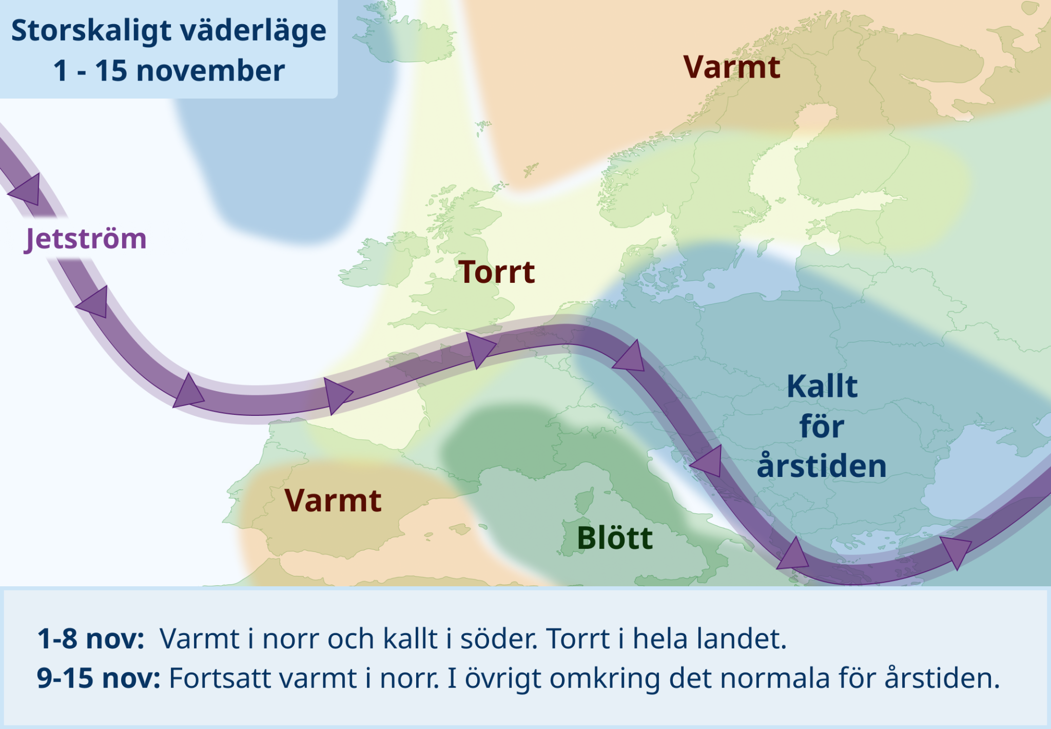 Illustration av storskaligt väderläge i Europa för den inledande perioden av månaden.